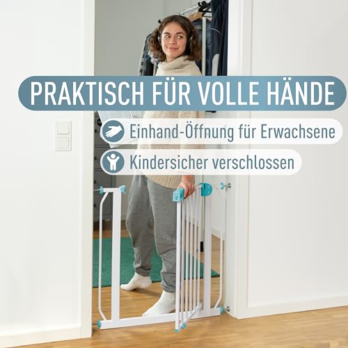 IB STYLE Türschutzgitter Berrin 150-160 cm, Treppengitter für Babys, Treppenschutzgitter ohne Bohren, Türgitter zum Klemmen, Kindergitter, Weiß Türkis