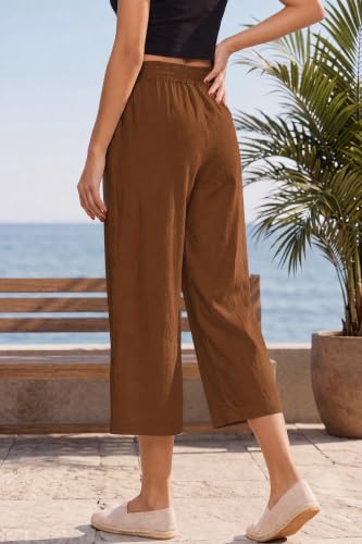 Image of LNX Women's Linen Pants Wide Leg High Waisted Capri Pants with Pockets | Capris, Elastic Waist, Drawstring, Loose, High Rise, Palazzo Pants, Beach, Vacation, Flowy, Lounge & Casual Trousers, XS-5XL