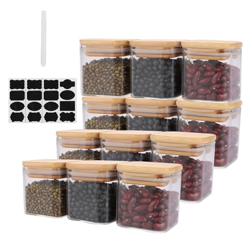 WOPPLXY Lot de 12 Pot a Epices en Verre et Bois, 150ml Bocaux à Épices avec Couvercle Bambou et 24 Etiquettes, Boite Epice Cuisine Carré pour Assaisonnements, Céréales, Cornflakes, Haricots