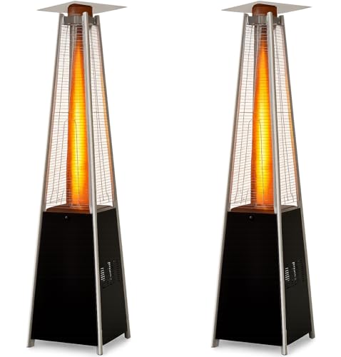 BTExpert Set of 2, 48000 BTU Pyramid Patio Heater for Outdoor Double Layer Stainless Steel Burner Triple Protection System Quartz Glass Tube Propane Heater for Home & Commerical Black