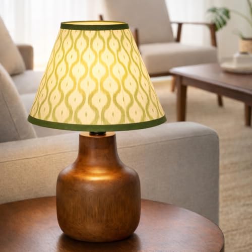 Image of The Decor Mart Printed Shade Table Lamp with Wooden Base|Sleek Decor Decorative Beside Light for Desk,Bedroom, Living Room, Home Office and Hotel(20x20x30 cm) (Green)
