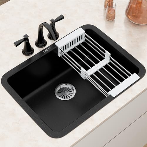 Image of LAPO Quartz Counter Top Kitchen Sink | 24x18 Inches Metallic Single Bowl Kitchen Sink | UV Protected Sink with Coupling, Hose Pipe & Drainer Basket | 3 Year Warranty (Black Finish)