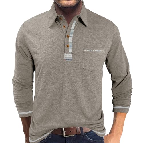 PRIVIMIX - Polo para hombre, manga larga con bolsillo básico, polo y camiseta de golf, rugby M-3XL, beige, XXL