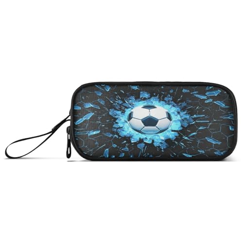 Image of Soccer Ball Blue Lighting Cracked Pencil Case Big Capacity for Girl Boy Football Sports Student Pencil bag Pen Pouch Large Stationery 3 Compartments Zippers Organizer School College Office Teens