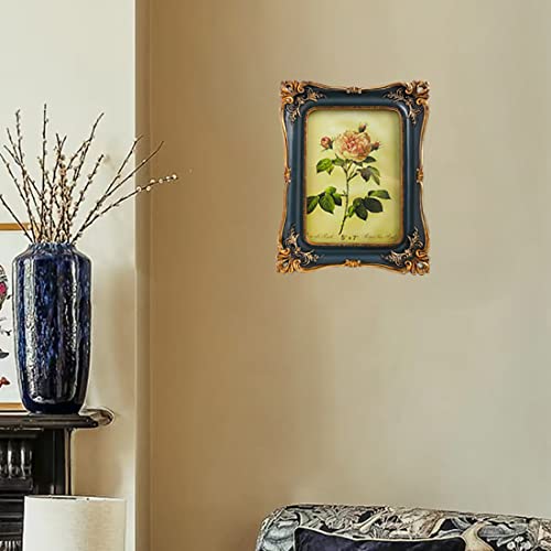 SIKOO Vintage Picture Frames 5x7 Antique Picture Frames Tabletop and Wall Mount Ornate Frames with High Definition Glass Front Antique Wall Decor, Retro Photo Gallery, Art, Blue and Gold - Thumbnail 4