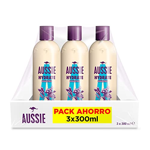 Aussie Champú Pelo Seco, Tratamiento hidratante cabello, Hidratación Profunda, Pelo seco y dañado, Hydrate, sin siliconas, Aceite de Nuez de Macadamia 3 Champús 300 ml