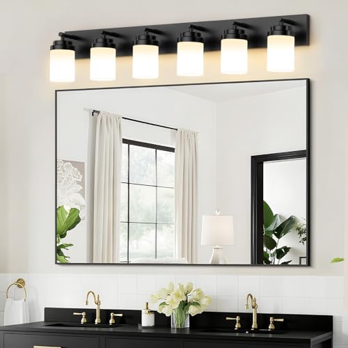 Image of IZORRO Bathroom Vanity Light Fixture, 6-Light 46 Inch Matte Black Bathroom Light Fixtures Over Mirror, with White Glass Shade, Modern Farmhouse Vanity Lights, Rustic Restroom Lighting Fixtures
