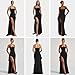Caviotess Women’s Elegant Square Neck Ruched Formal Maxi Dress Sexy High Split Ruffle Bodycon Long Dress Evening Gown Black