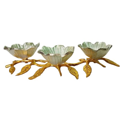 Image of Flower Shape Decorative Serving Bowls on Leaves Stand, 3 Bowls | Dry Fruits Serving Bowls | Tableware | Centerpiece | Gifting (Color- Gold & German Silver)