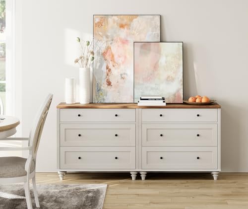 Image of WAMPAT White Dresser for Bedroom with 6 Drawers, Wood Dressers with Wide Chest of Drawers, Mid Century Modern Wooden Closet Storage Organizer, Large Kids Dressers for Nursery, Living Room, Hallway