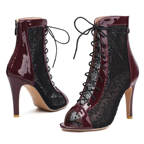 Image of Women's Lace Up Dance Heels Open Toe Mesh Sparkling Sequin Booties Peep Toe Stiletto High Heel Dance Shoes