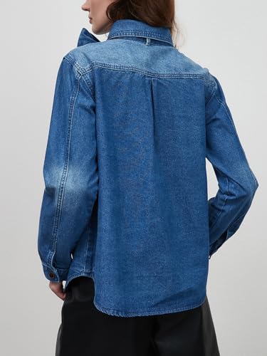 Women's Bow Tie Denim Shacket Jacket Button Down Long Sleeve Jean Shirt Tops2