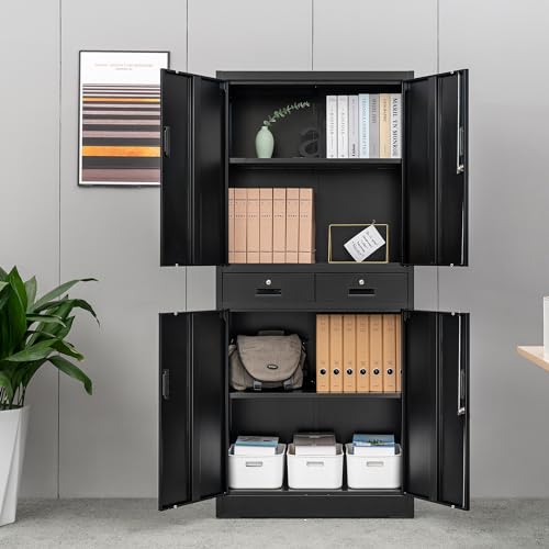 Wanfu Metal Storage Cabinet, 71\" Locking Storage Cabinet with Adjustable Shelves and 2 Drawers, Steel Storage Cabinet for Office, Garage, Home, School, Utility Room(Black) - Thumbnail 2