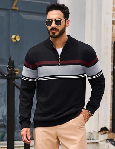 TACVASEN Men's Quarter Zip Sweaters Cotton Pullover Sweater Striped Casual Fall Winter Warm Pullover Sweatshirts2