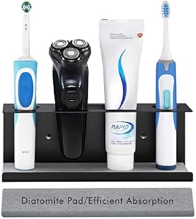 KES Electric Toothbrush Holder Wall Mounted for Bathroom - Adhesive or Screw Mount - With Diatomaceous Board - Holds 2 Toothbrushes, Toothpaste, Razor, Cleanser, Stainless Steel Black, BETH200DF-BK
