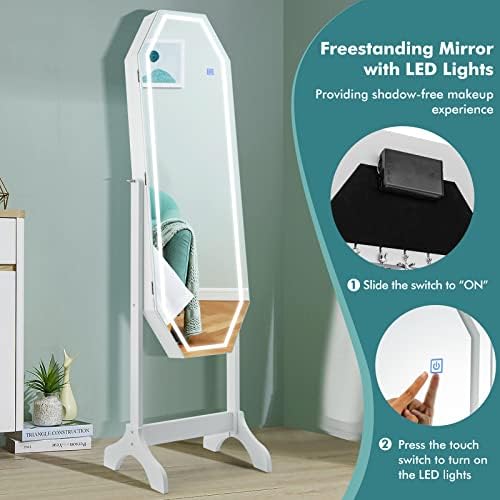 COSTWAY Touchscreen LED Lights Jewelry Cabinet with Full Length Mirror, 2-in-1 Floor Standing Lockable Jewelry Armoire, Adjustable Makeup Storage Organiser Unit for Bedroom Dressing Room (White)