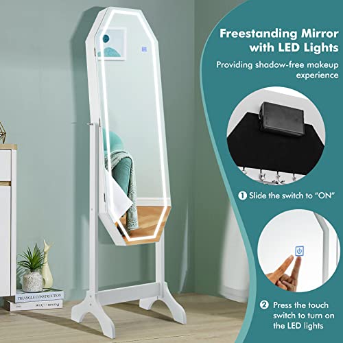 Charmaid Jewelry Armoire With Full Length Led Mirror, Lockable Touch Screen Lighted Mirror With Jewelry Storage, Velvet Lining, Standing Jewelry Cabinet Organizer Box With 2 Drawers (White) #TOP3