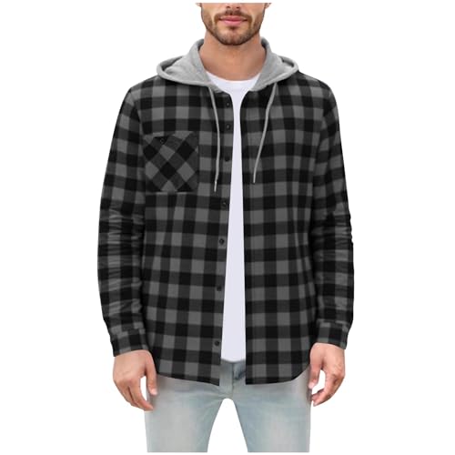 Button Down Shirt Men Casual Plaid Flannel Shirt Jacket Regular Fit Long Sleeve Shirts Checkered Fall Jacket with Hood