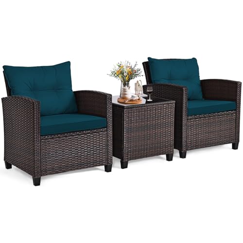 ORALNER 3 Pieces Wicker Patio Furniture Set, Outdoor Conversation Set Rattan Chairs with Soft Cushions, Glass Coffee Table, Bistro Set for Front Porch Balcony Garden Deck Poolside (Peacock Blue)