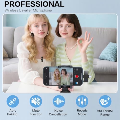 Image of Haomuren Mic Wireless, 2-in-1 Wireless Microphone for iPhone & Android - Noise Cancelling Lavalier Mic with LED Indicator, YouTube /Streaming /TikTok Recording(Dual Channel)