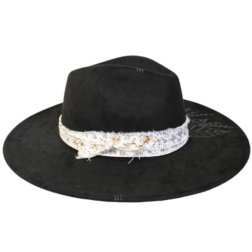 Wildflowers and Barley – Botanical Design Hand-Burned Vegan Suede Cowboy Hat – Wide Brim Rancher Style with Artisan Band, Adjustable Drawstring Fit, Western Boho Festival Fashion Accessory – Black