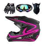 TTMiku Youth Adult Dirt Bike Helmet, Motocross Off Road Motorcycle ATV UTV Street Bike Casque Casco Combo Gloves Goggles Mask (DOT Approved), Pink, XL