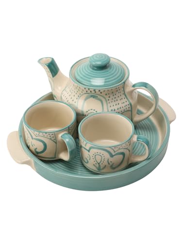 Image of miah decor Ceramic Tea Set with Kettle and Tray with 2 Cups | 500ml | Handmade Stoneware Tea Set - Cream Turquoise | Microwave & Dishwasher Safe | Food Safe | Ideal for Tea Serving & Gifting