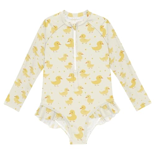 Cute Yellow Rubber Duck Girls Long Sleeve Rashguard Swimsuit UV Protection One-Piece Swimwear Bathing Suit B0404247