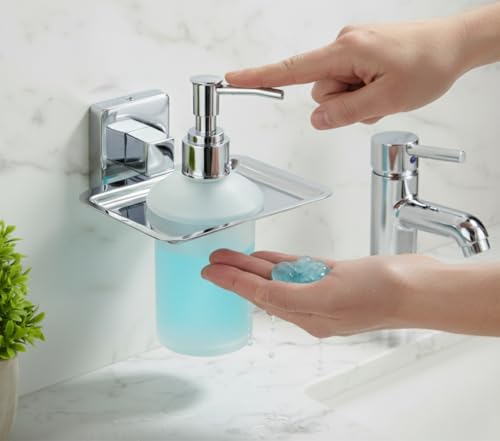 Image of Premium Wall-Mounted Stainless Steel Liquid Soap Dispenser with Frosted Glass Bottle & Heavy-Duty Steel Holder | Rust-Proof Bathroom Soap Dispenser for Home, Wash Basin & Kitchen