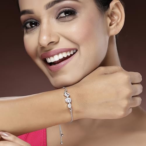 Image of ZENEME Bracelet Silver Toned Rhodium Plated American Diamond Crystal Charm Bracelet For Women