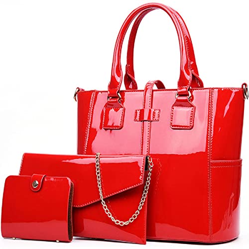 XingChen 3-PC Patent Women Handbag+Crossbody Bag+Card Bag Shiny Faux Leather Top Handle Satchel Shoulder Tote Bag Purses(Red)