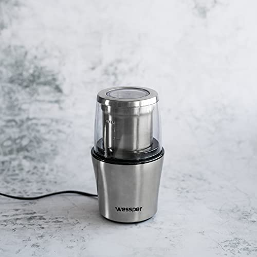 Wessper Gewürz und Kaffee Mühle MINIMILL mit 2 x 70g Edelstahlbehälter, Schlagmesser & Spezialmesser für Kaffeebohnen… – Bild 3
