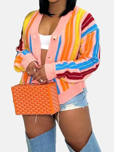 Women’s Striped Knit Cardigan Colorful Button Down V Neck Long Sleeve Rainbow Cardigan Sweaters4