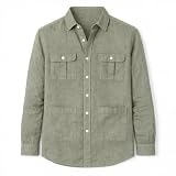 Blue coast yachting Camisa de Lino para Hombre, Manga Larga con 4 Bolsillos, Estilo Safari Militar, Cuello Abotonado, Kaki, Talla M, Ajustado