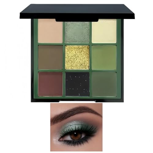 Green Cat Eye Eyeshadow Palette,Green Eyeshadow Palette,Full Matte E-yeshadow P-alette,G-reen Glitter Ey-eshadow P-alette,9 Colors Matte & Glitter,Shimmer & Highly Pigmented G-reen Eyeshadows