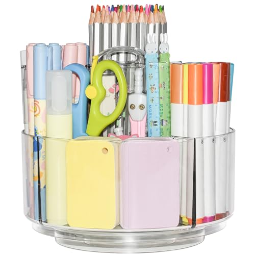 JIKIOU Acrylic Pen Holder Pencil Organizer, 360-Degree Rotating Pencil Holder Crayon Organizer for Kids Marker Holder Caddy Art Supply Organizer for Desk, Kids Desk Organizer for Office Home School