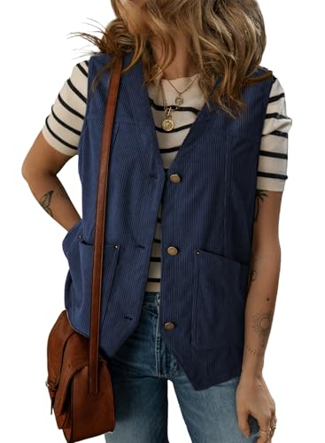 Dokotoo Womens Corduroy Vests Travel Outerwear 2025 Spring Button-Down Lightweight Waistcoat Sleeveless Jacket Casual Vest with Pockets,Dirty blue Medium