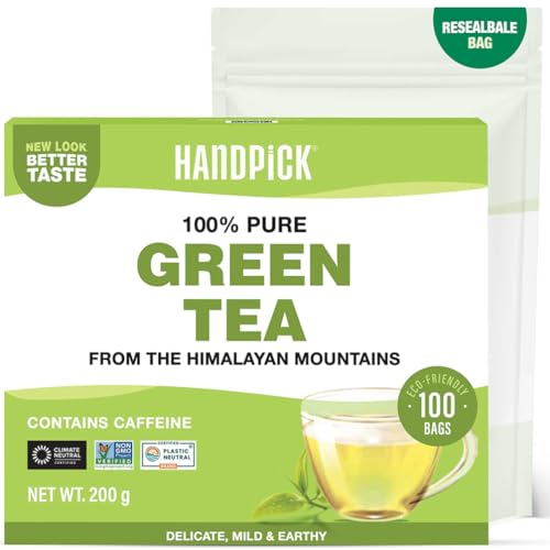 HANDPICK, Tè Verde (100 Bustine Rotonde Ecologiche) | 100% Puro, Non OGM, Senza Glutine | Tè Verde Premium dell’Himalaya | Sapore Delicato e Terroso per Infuso Caldo e Freddo