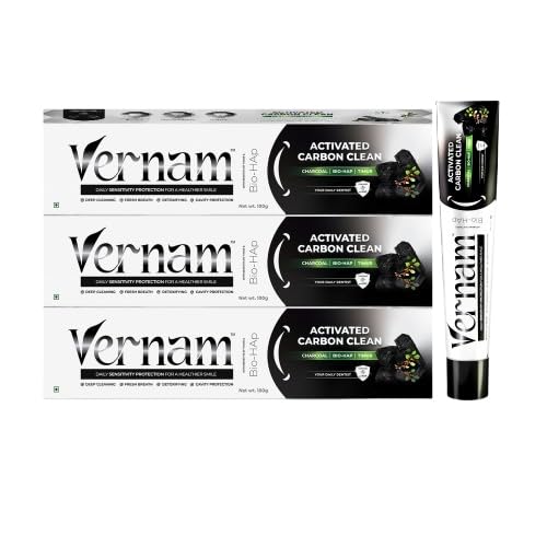 Image of Vernam Charcoal Whitening Toothpaste 3 x 100g | Timur Wood Activated Charcoal & Hydroxyapatite | Enamel Repair & Stain Removal | Fluoride-Free Anti Cavity, Gum Care | Vegan | 6% Bio-HAP, Fluoride Free & Activated Charcoal for Brighter Teeth
