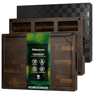 Large End Grain Cutting Board, Reversible Thick Black Walnut Wood Charcuterie Board Butcher Block for Kitchen Use with Measurements, Juice Groove, Handles, Sorting Compartments, 17″x13″x1.5″