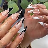 ANDGING Black White Stiletto Press on Nails Long French Tip Fake Nails Glue on Nails for Women with