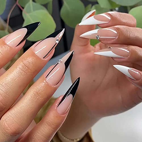 Andging Black White Stiletto Press On Nails Long French Tip Fake Nails Glue On Nails For Women With Rhinestone Design Cute Acrylic False Nails Full Cover Stick On Nails For Wedding Birthday 24Pcs #TOP10