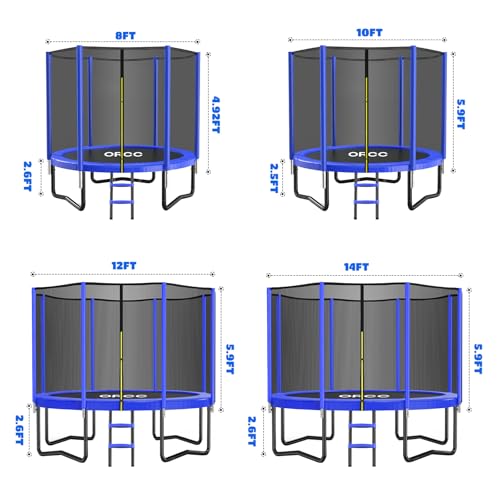 ORCC Trampoline 8FT 10FT 12FT 14FT, Outdoor Tramp with Enclosure Net, 410LBS Yard Trampoline for Kids - Recreational Anti-Rust Trampolin for Kids and Adults with Ladder, ASTM Approved