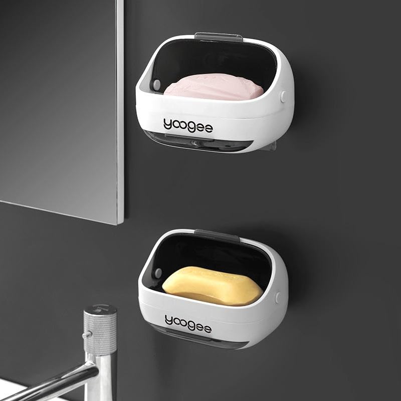 Image of K.K. VillA Wall Mounted Soap Box with Lid, Drain Tray & Waterproof Cover | Self Adhesive Soap Holder for Bathroom & Kitchen | No Drilling | Dual Layer Soap Case Keeps Soap Dry & Clean (2)