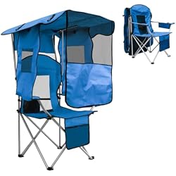 BDL Camping Chair with Canopy Shade Portable Foldable Canopy Chair with Cooler, Mesh Backrest, Cup Holder, and Pocket for Camping, Fishing, Beach, and Sports,Sky-Blue