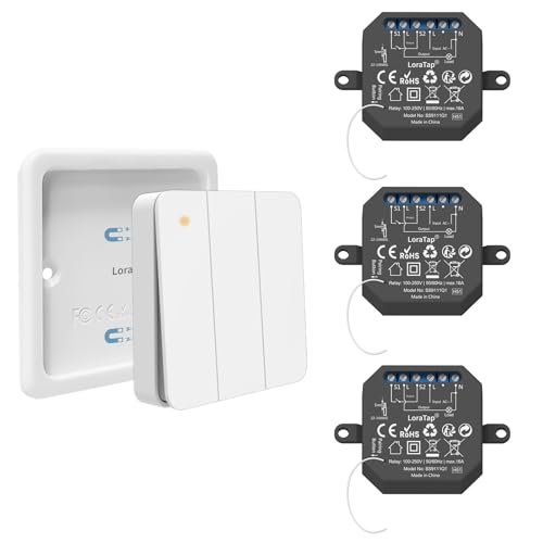 Interruptor de Luz Inalámbrico LoraTap, Mando a Distancia y 3 Receptor de Relé 10A, Interruptor Inalámbrico de Pared a 3 Gang para Lámparas y Electrodomésticos, RF Control Remoto de hasta 200m