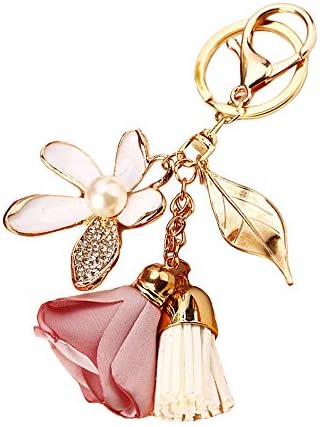 SWJEWEL Flower Keychain Rhinestone Tassel Leaf Key Ring Women Wallet Bag Pendant Charms (Gold-Pink)