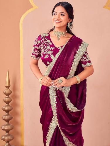 Image of SIRIL Women's Tissue Silk Sequins Embroidery Saree with Unstitched Blouse Piece