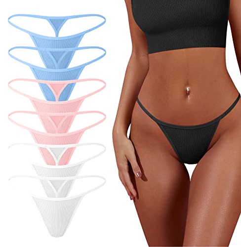 OQQ 6 Pack G-String Thongs for Women Cotton Panties Stretch T-back Tangas Low Rise Hipster Sexy Underwear S-XL 2Candyblue 2Pink 2White