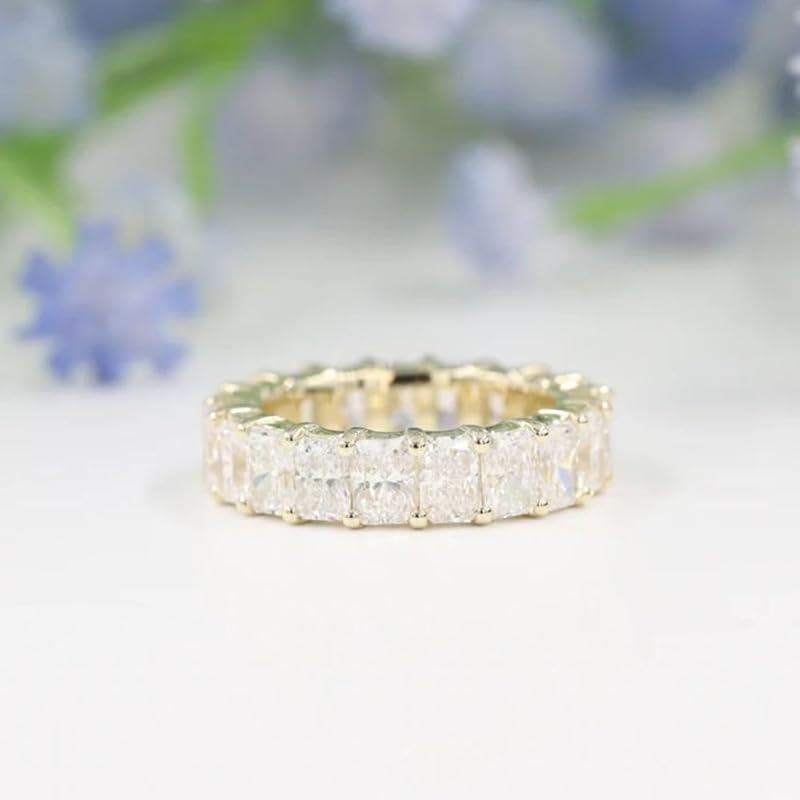4 Ct Radiant Cut Diamond Eternity Wedding Band Ring, 925 Sterling Silver, 14K Yellow Gold Plated